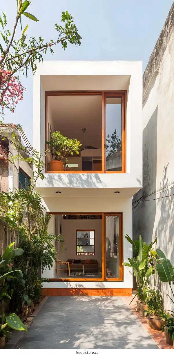 Modern Minimalist House with Wooden Windows and Patio