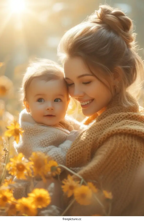Mother and baby in a field of flowers