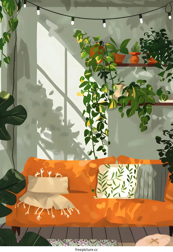 Cozy Living Room with Orange Sofa and Plants