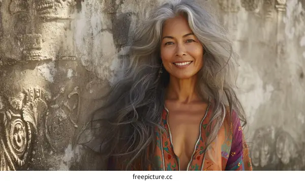 Portrait of a beautiful Asian woman with long silver hair