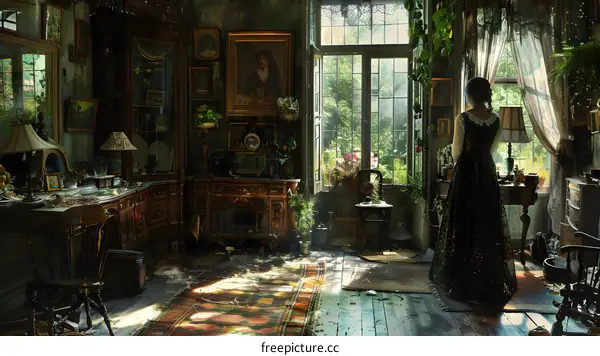 woman standing in a room full of antique furniture and overgrown plants