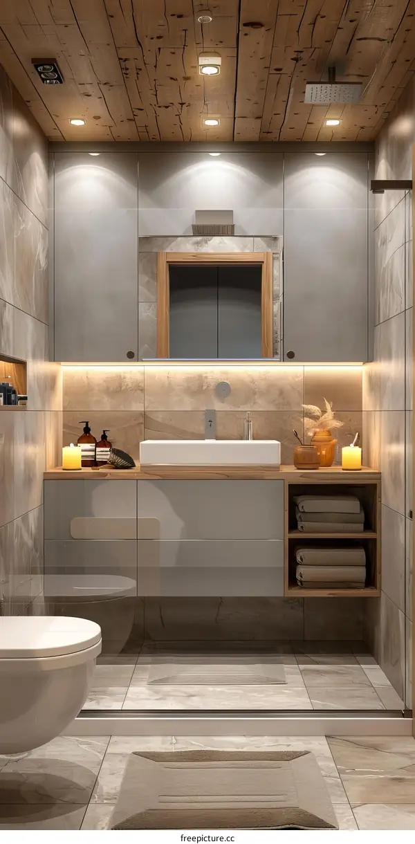 Modern Bathroom Interior Design With Wooden Ceiling