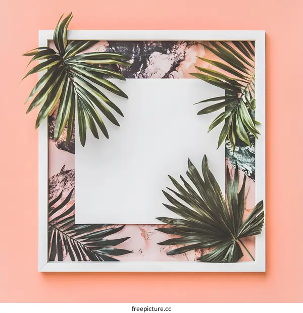 White Frame with Tropical Leaves on Pink Background