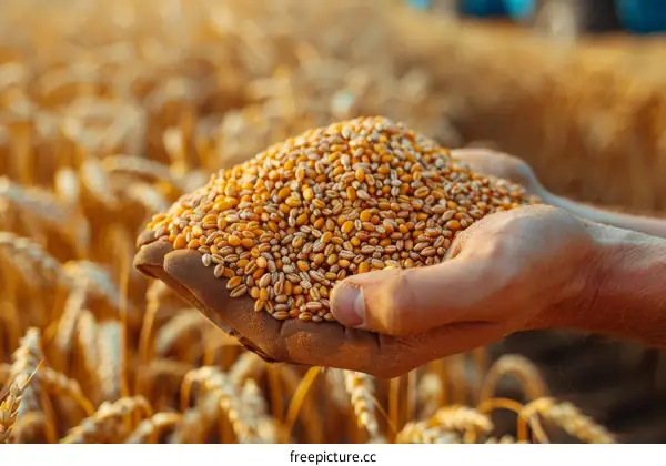 A farmer's hand holding a handful of wheat grains in a wheat field during harvest