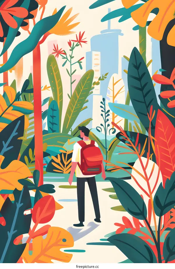 Man with Backpack Walking Through a Lush Forest Towards a City Skyline