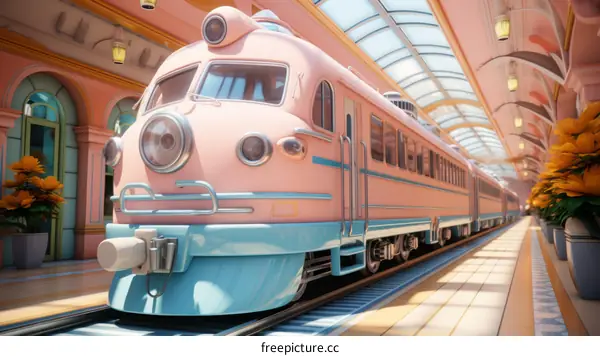 A pink and blue retro train sits in a station
