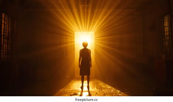 A person standing in a dark room with a bright light shining down on them.