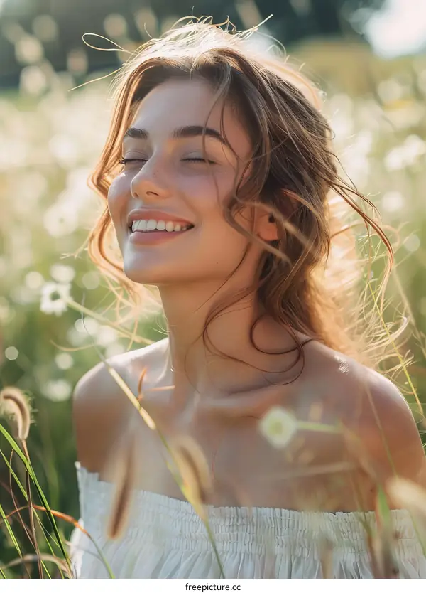 portrait of a beautiful young woman with freckles and long brown hair, smiling with her eyes closed