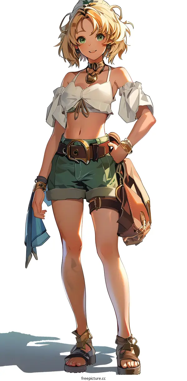 Anime Girl with Green Eyes and Blonde Hair Wearing Summer Clothes