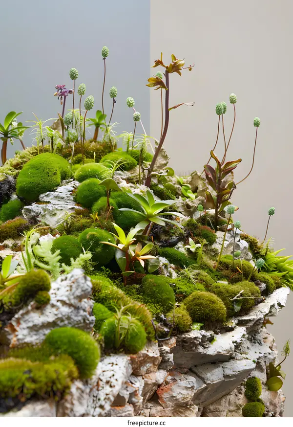Closeup of a Mossy Rock Formation with Various Plants