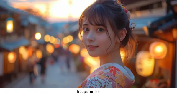 Beautiful Asian Woman in Kimono at Sunset