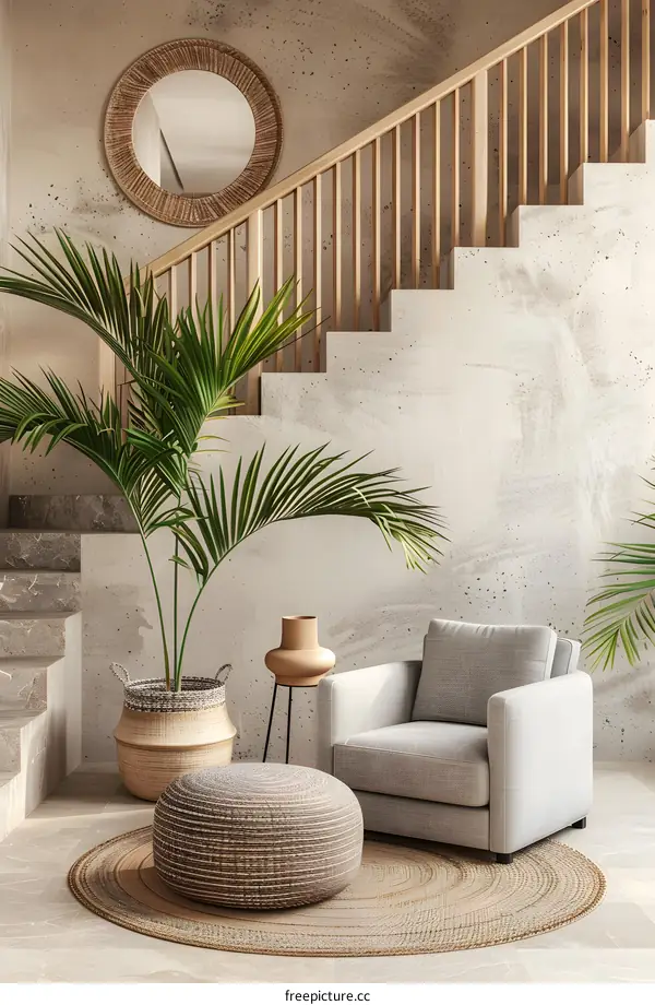 Minimalist Living Room Interior Design with Palm Tree and Concrete Staircase