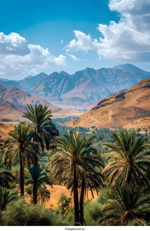 Desert Oasis with Palm Trees and Mountains