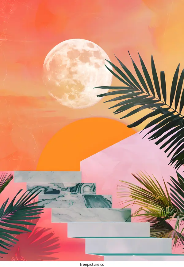 Tropical Sunset with Moon and Palm Trees