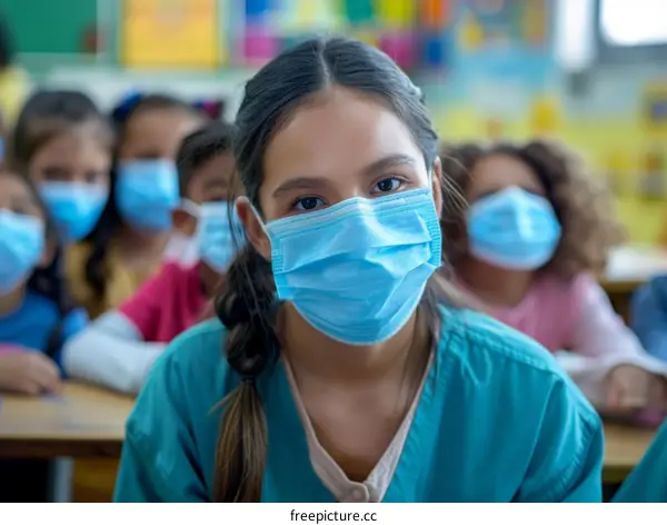 School children wearing surgical masks in classroom during coronavirus pandemic