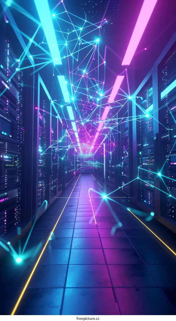 Futuristic illustration of a data center with glowing network connections