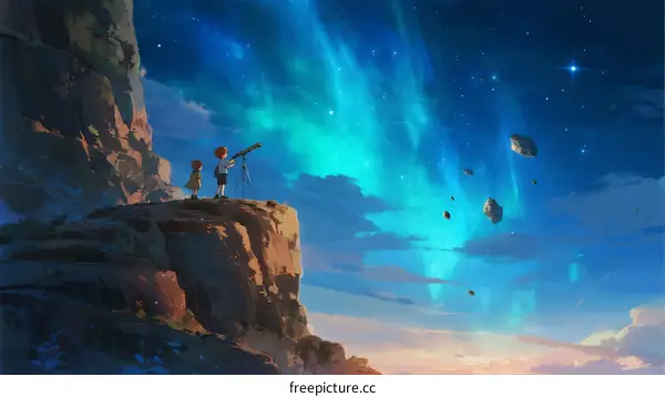 Children with Telescope Observing Night Sky with Aurora and Stars