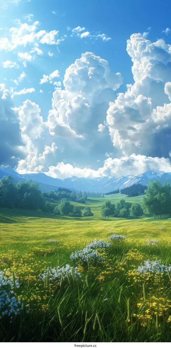 Majestic Mountain with Blooming Flower Field