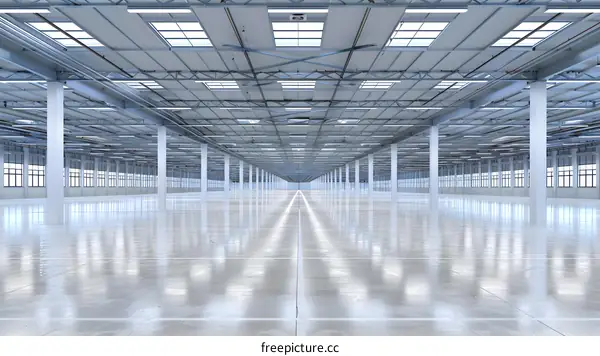 Empty Warehouse Interior With White Walls And Large Windows