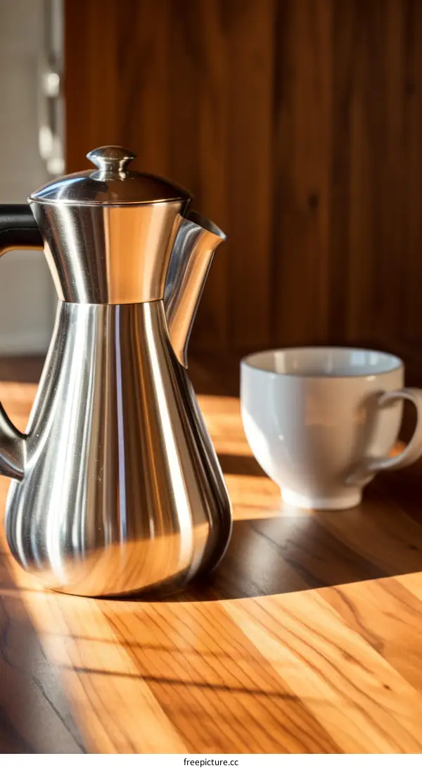 Pouring coffee from a metal coffee pot into a white cup on a wooden table