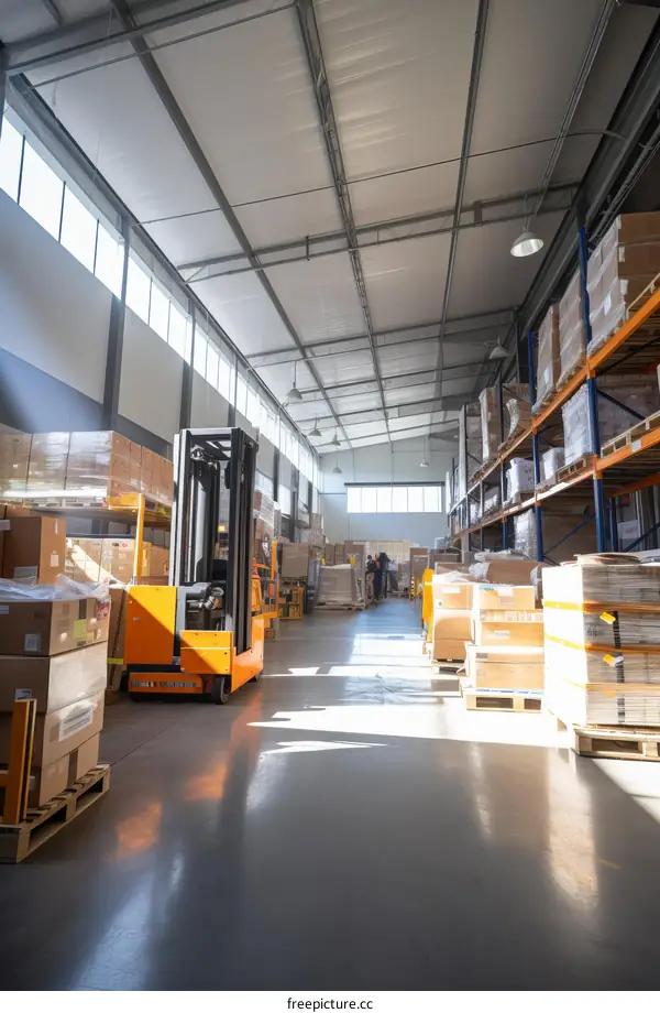 A warehouse with a forklift and workers