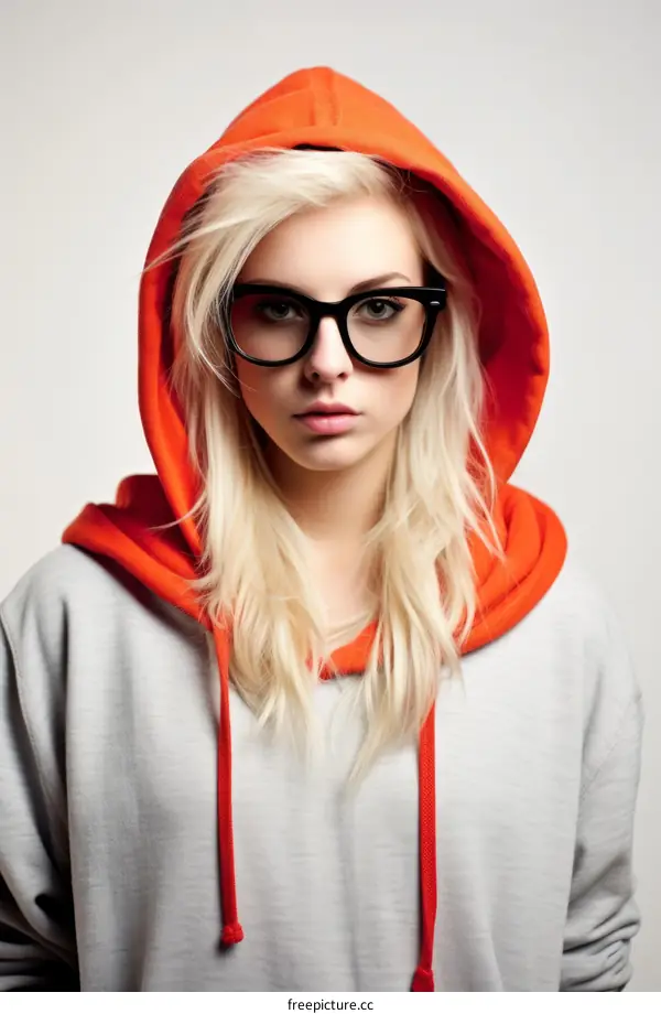 portrait of a blonde woman wearing an orange hoodie and glasses