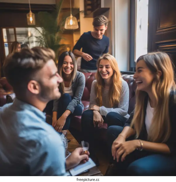 Group of friends laughing and talking in a cafe