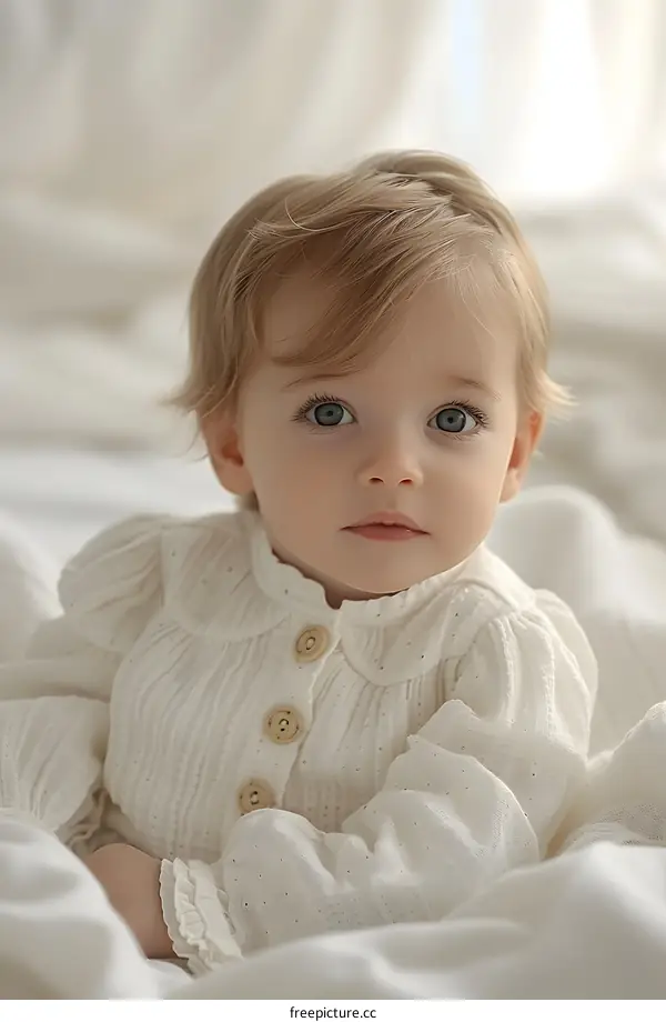 Portrait of a cute blonde baby girl in a white dress