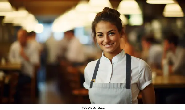 Portrait of a young female chef smiling in a restaurant