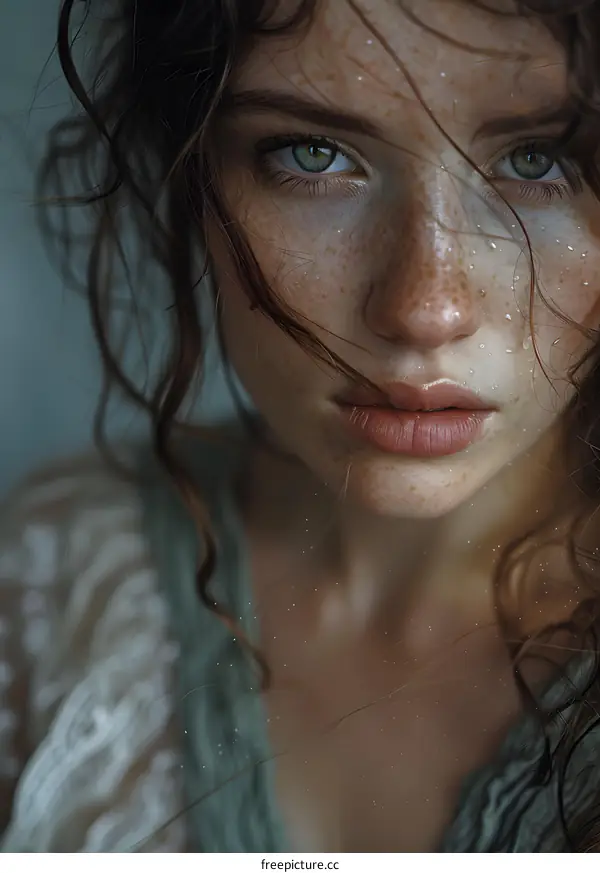 Close Up Portrait of a Woman with Freckles and Wet Hair