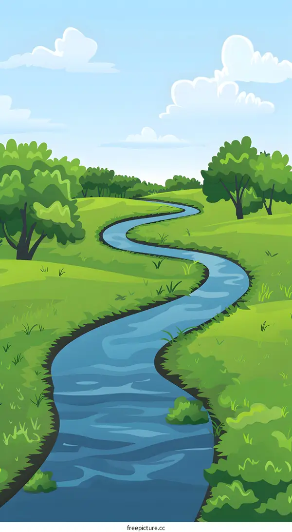 Cartoon Illustration of a Winding River Through Lush Green Landscape