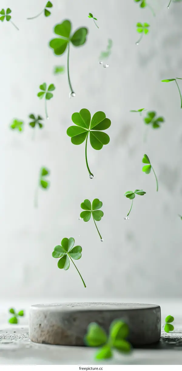 Green Four-Leaf Clovers Falling on a Podium