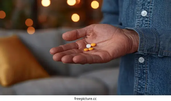 Elderly Person Holding Medicine Pills in Hand
