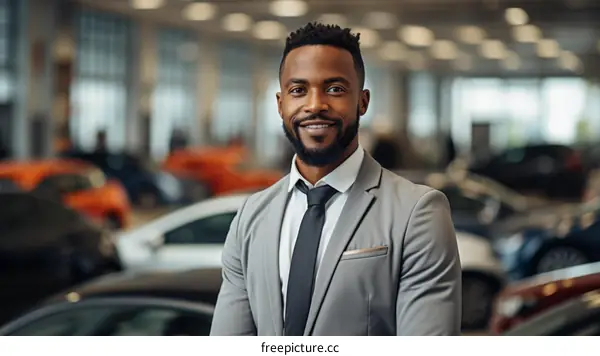 Portrait of a smiling African-American car salesman in a suit standing in a car dealership