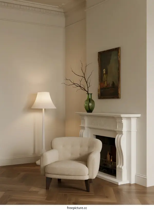 Cozy white armchair near white fireplace with green vase and lamp
