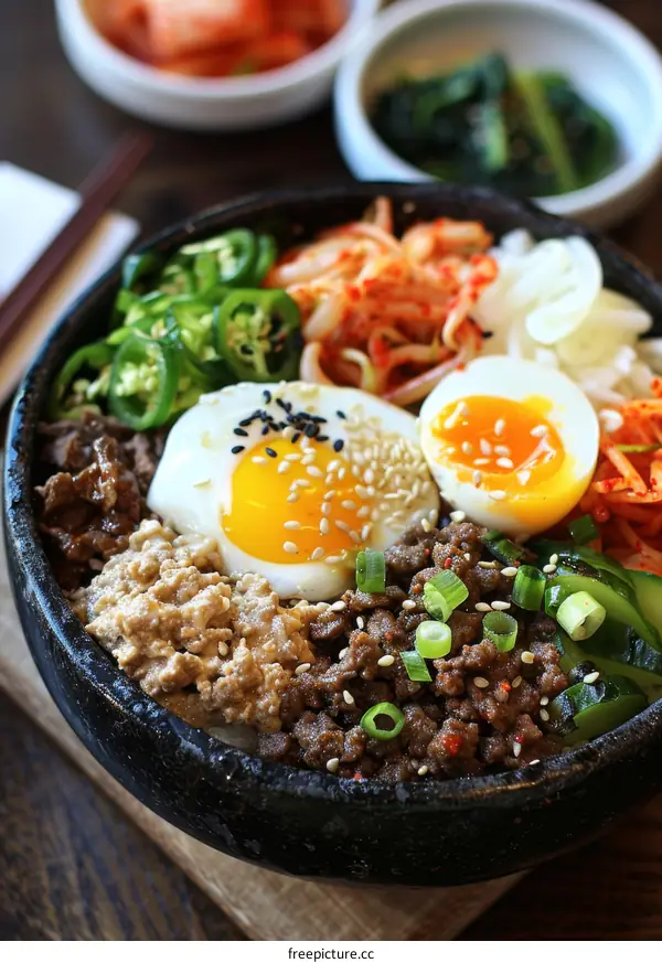 Dolsot Bibimbap: Korean Rice Bowl with Beef, Egg, and Kimchi