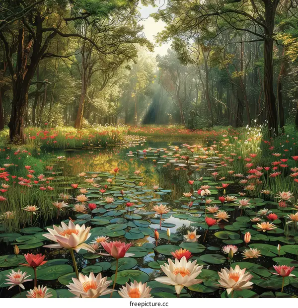 Mystical journey through a surreal pond adorned with vibrant water lilies