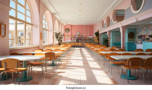 An empty cafeteria with pink walls and blue accents
