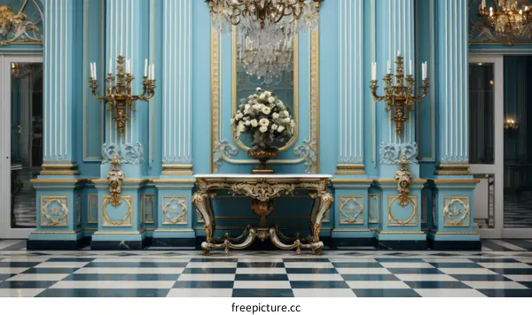 ornate blue and gold ballroom with white marble floor