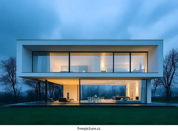 Modern Minimalist White House with Large Windows at Dusk