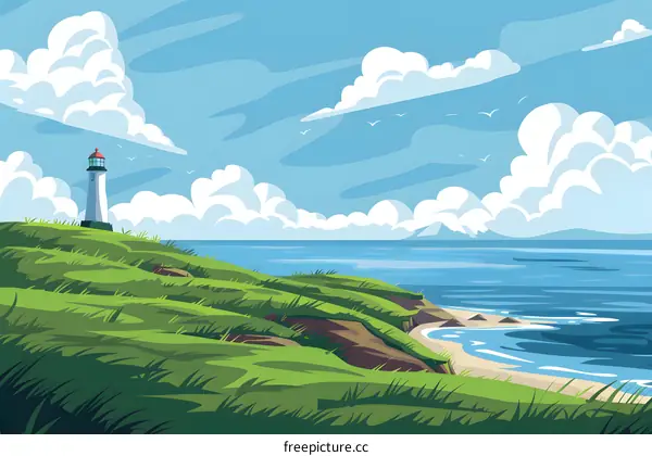 Lighthouse on a Cliff by the Sea with Grass and Clouds