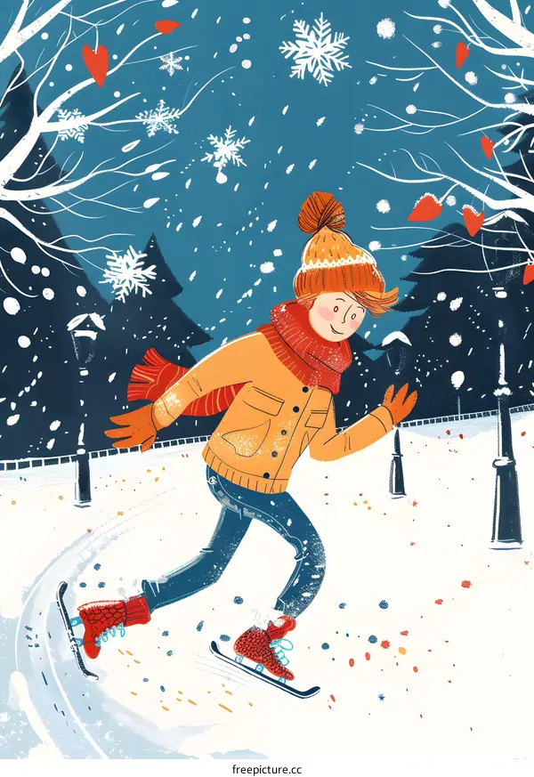 Winter Fun, Snow, Ice Skating, Girl in Red, Winter Landscape Illustration