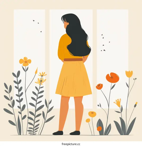 A girl standing in a garden looking at the flowers