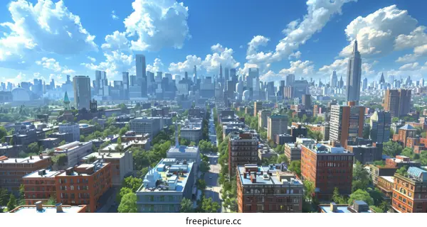 Aerial View of Cityscape with Blue Sky and Clouds