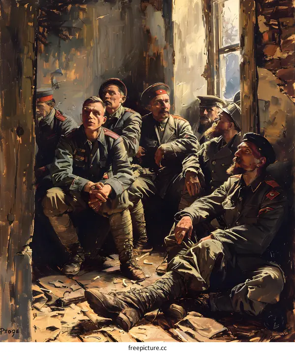 A group of soldiers in a ruined building