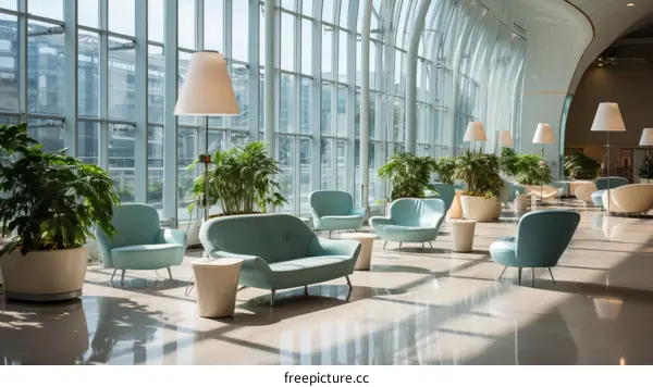 Blue modern airport lounge with large windows and comfortable chairs