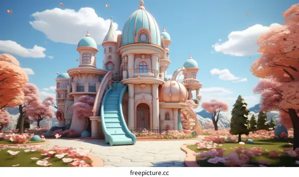 A beautiful pink and blue castle with a slide surrounded by cherry blossom trees