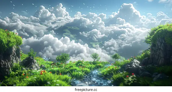 Fantastic Mountaintop Meadow with Cloudscape