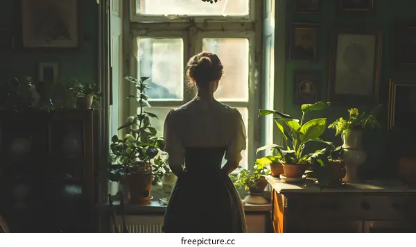 A woman standing in front of a window looking at plants