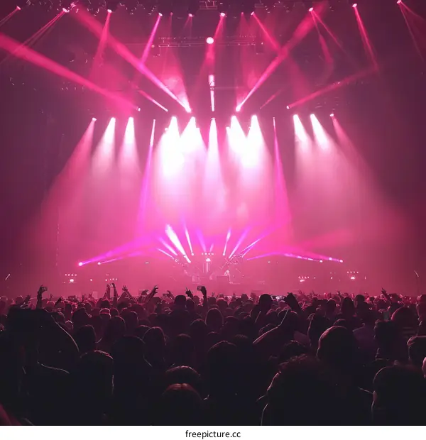 Pink lights illuminate a large crowd of concertgoers from behind